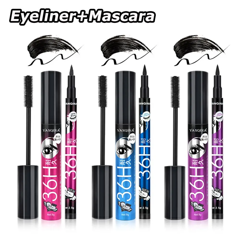 

2Pcs Smudge-proof 4D Fiber Long Lasting Cosmetics Mascara Eyeliner Sets Eyelashes Extension Makeup Waterproof Mascara Eyeliner