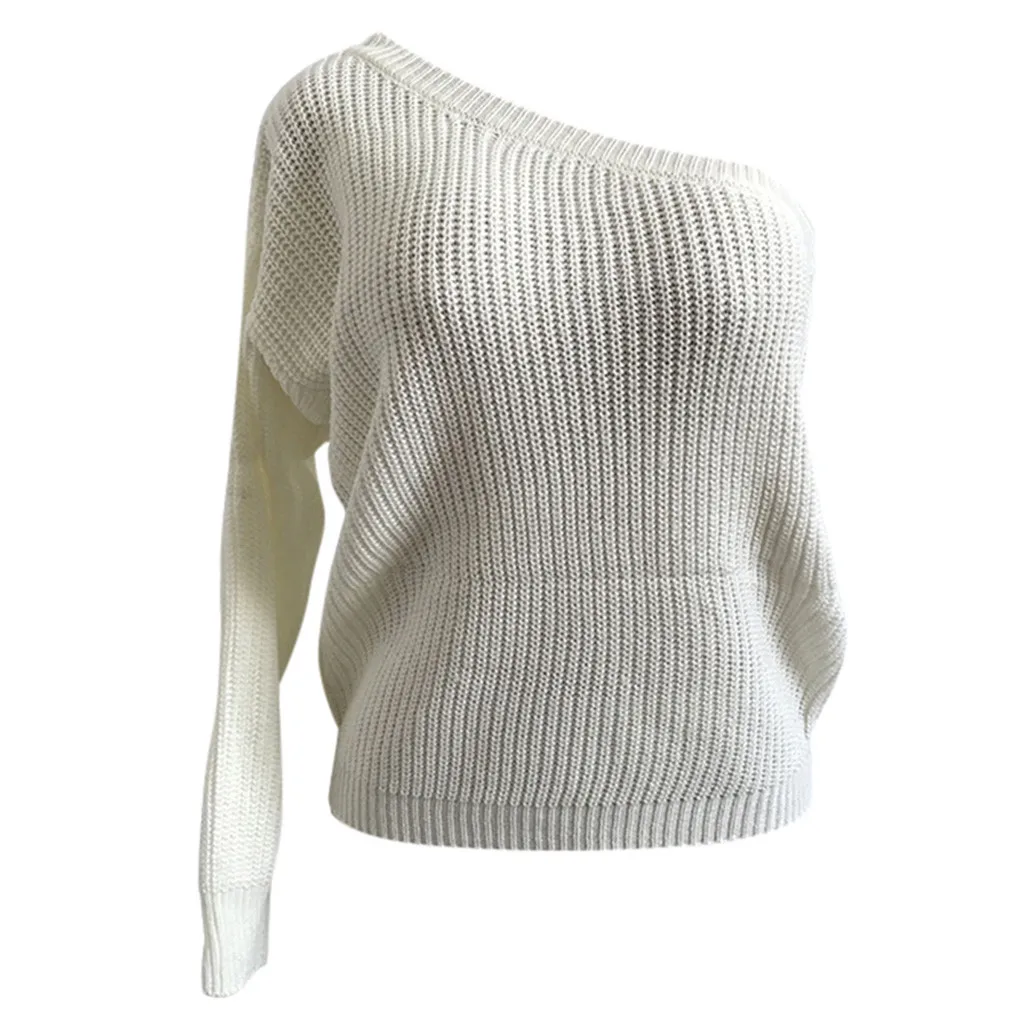 Женский свитер с длинным рукавом на одно плечо однотонный Осень-зима пуловер