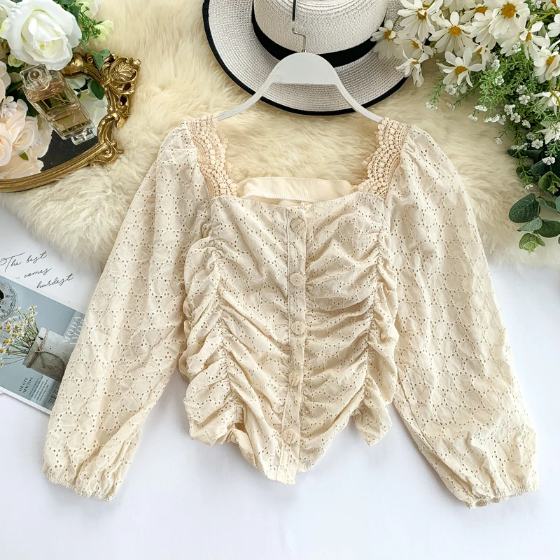 New Fall Women Fashion Blending Solid Color Ruched Lace Shirt Ladies Casual Long Lantern Sleeves Hollow Out Blouse Shirts Suits | Женская