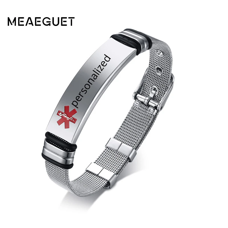 Браслет медицинский мужской из нержавеющей стали с гравировкой без аллергии |