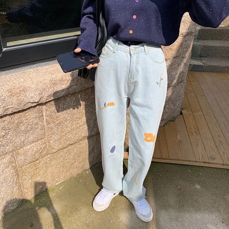 

Real Shot Color Block Embroidery Cartoon Loose Denim Trousers