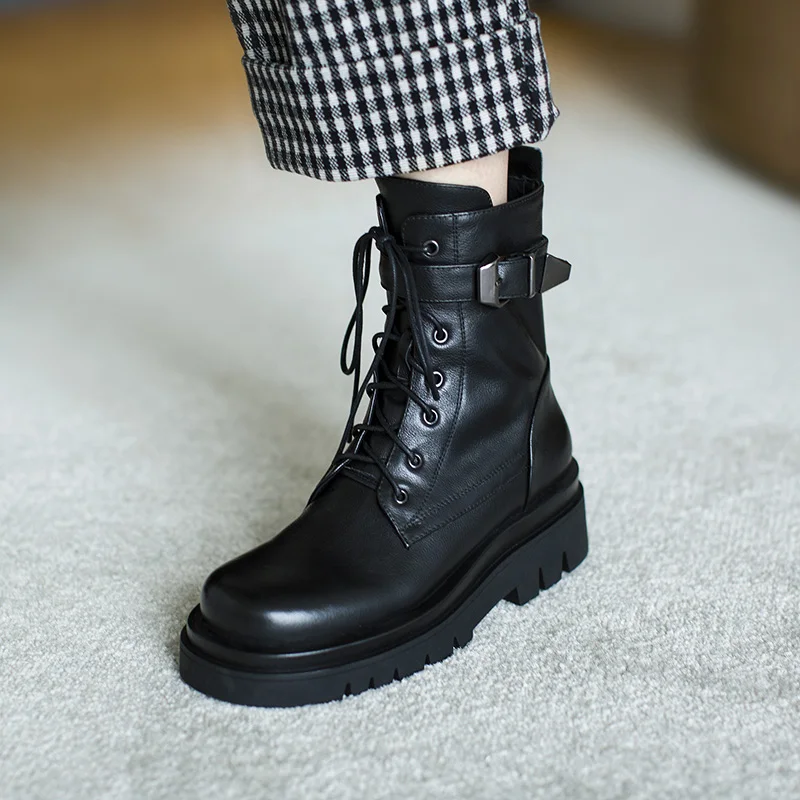 Jual Sepatu Bot Martin Kulit Sapi Asli Sepatu Bot Pergelangan Kaki Ritsleting Ujung Bundar Gaya Inggris Musim Gugur 2020 Bawah Tebal Wanita