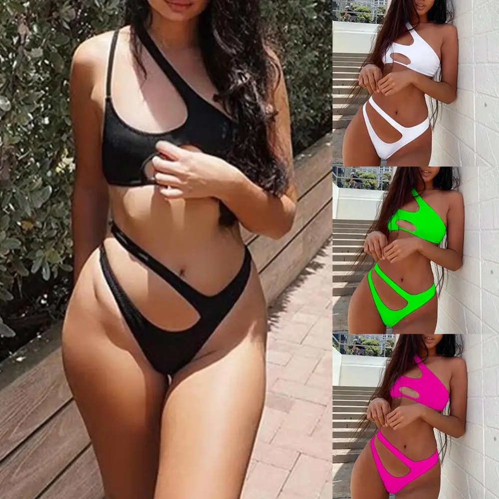 Лидер продаж 70% Женский однотонный комплект бикини бюстгальтер на одно плечо с