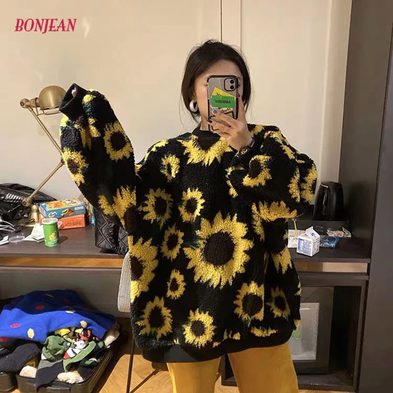

Japanese Style Sweatshirt Kawaii Black Women Long Sleeve Sunflower Print Loose Pullovers Top O-neck Casual Hoodies Top Female