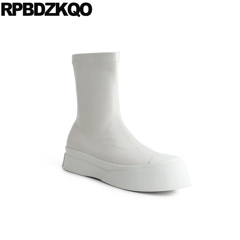 Женские ботильоны на плоской подошве до колена с круглым носком | Обувь