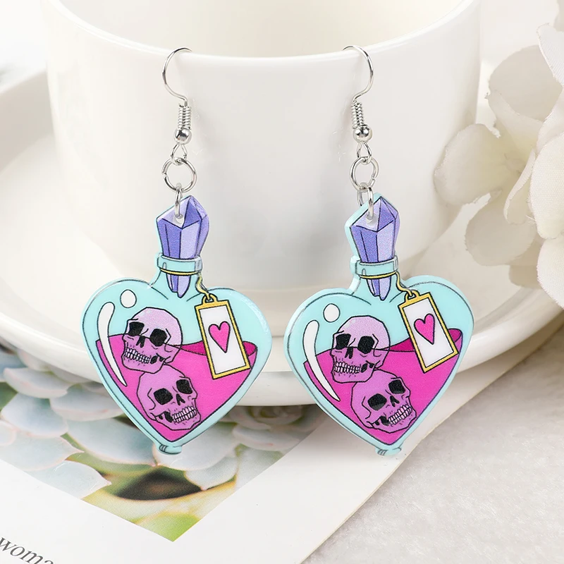 1Pair FashionPastel Goth  Creepy Skull Potion Cartoon Acrylic Earrings for Girls Women Children Birthday Gift Lovely Jewelry