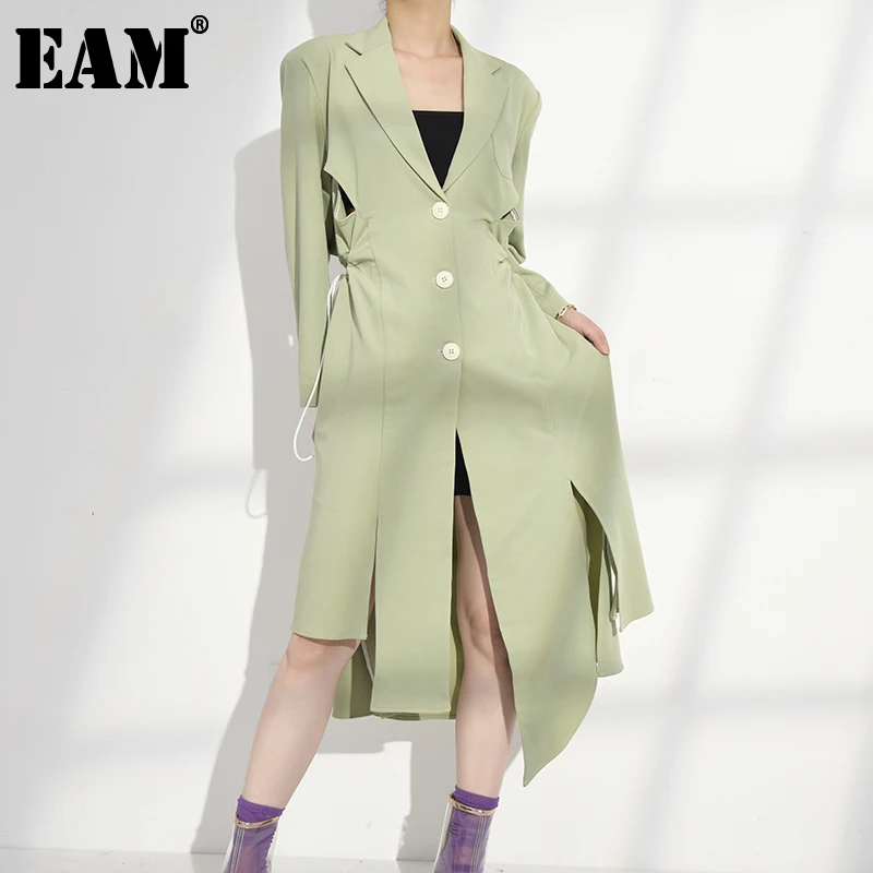

[EAM] Women Green Hollow Out Irregular Trench New Lapel Long Sleeve Loose Fit Windbreaker Fashion Tide Spring 2022 1H85606