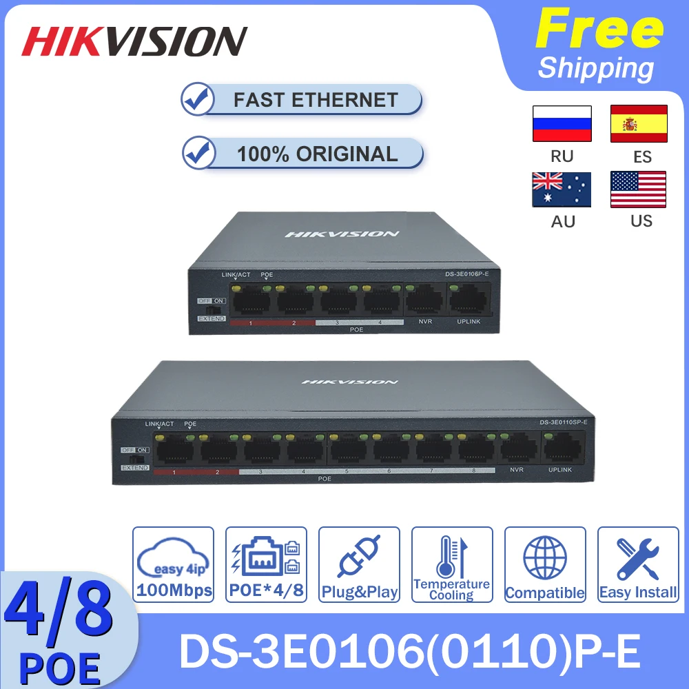 

Hikvision Switch POE 100Mbps DS-3E0106P-E(4POE+2CH) DS-3E0110SP-E (8POE+2CH) Fast Ethernet Unmanaged DC51V Power Adapter Extend