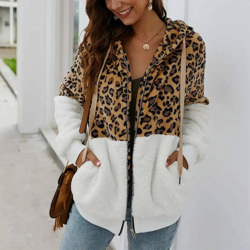 Women Autumn Winter Leopard Fleece Faux Fur Hooded Coat Zipper Jacket Overcoat | Женская одежда