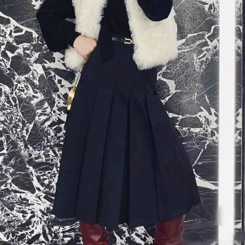 Cosmicchic 2020 Autumn Winter Wool Skirts For Women Midi Black Pleated Skirt High-Waist A-Line Ladies Skirt Golden Button