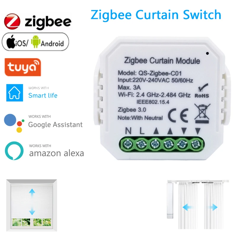 

Tuya/Smart Life Zigbee модуль переключателя штор с нейтральным жалюзи, слепой мотор, приложение, дистанционное управление для Google Home Alexa