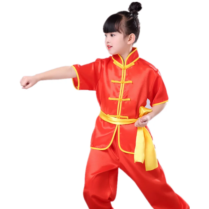 Red Short Set 100-180 см, детский костюм для ушу, Китайская традиционная короткая и полная форма Tai Chi, детские шелковые костюмы для кунг-фу, костюм для выступлений в стиле Тан - Цвет: Red Short Set