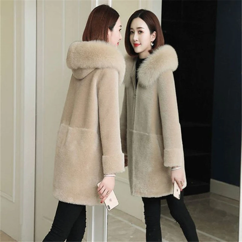 

Sheep Shearing Jacket Mid-Length 2020 Autumn Winter New Style Fur Collar Hooded Warmth Imitation Fur Coat Women Trendy 256
