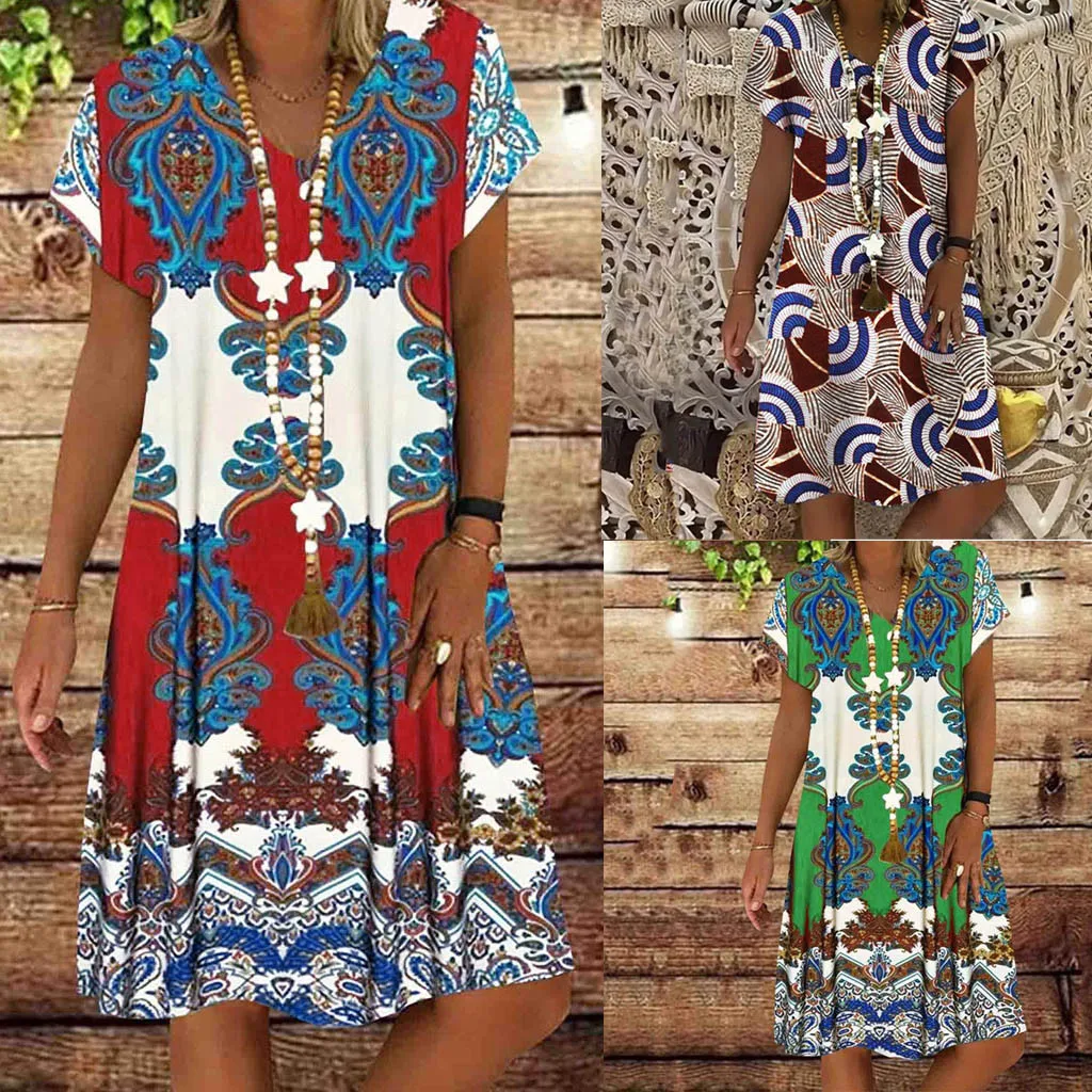 Женское винтажное платье с цветочным принтом V образным вырезом и коротким