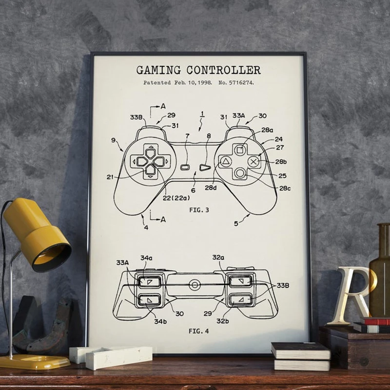

Gaming Controller Blueprint Poster Patent Prints Gamer Gifts Room Painting Picture Decor Gamepad Video Game Joystick Art Canvas