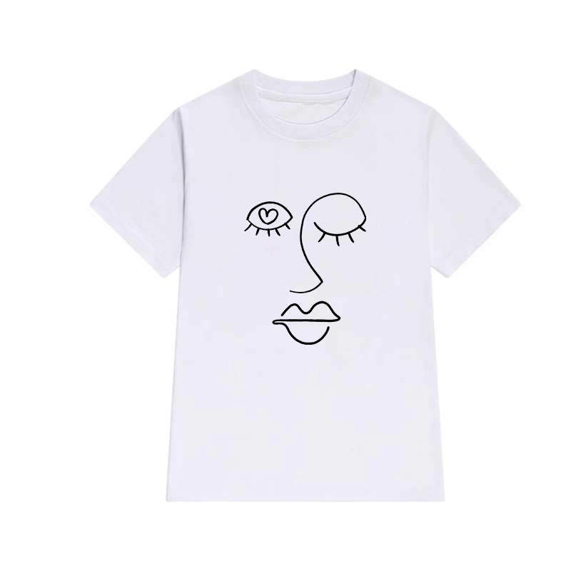 

T-shirts Women 2021 Linear Human Faces Printed Summer Ladies Tops Graphic white t shirt Casual Streetwear tee shirt femme XXXL