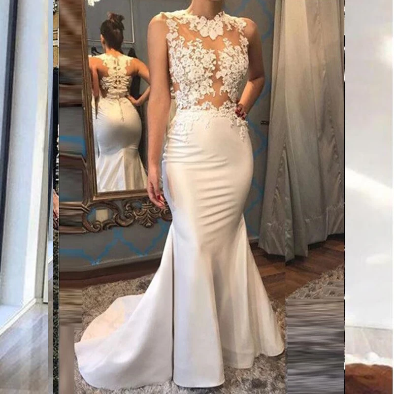 

Abendkleider White Mermaid Evening Dresses Lace Satin See-Through Long Evening Dress Formal Gowns Robe de soiree