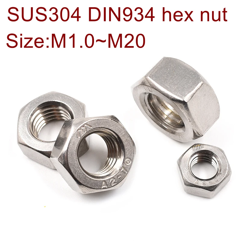 DIN934 Шестигранная гайка из нержавеющей стали SUS 304 M1 M1.2 M1.4 M1.6 M2 M2.5 M3 M4 M5 M6 M8 M10 M12 M14 M16