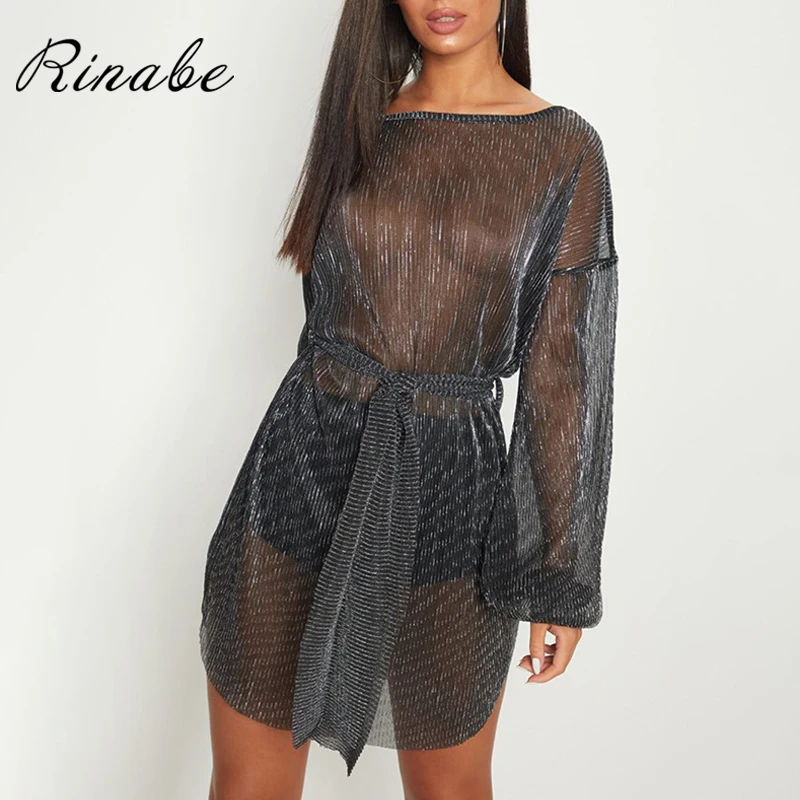 Rinabe Mesh Bikini Cover Up Shiny Party Dress Sash Belt Dresses Long sleeve Beachewear Solid Swimwear Pareos Beach Wear Sundress | Женская
