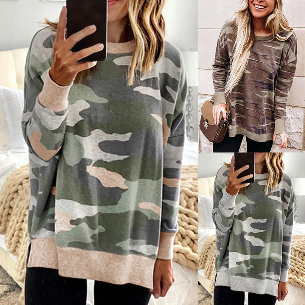 Женская футболка 2019 осенняя камуфляжная с круглым вырезом и принтом облегающие