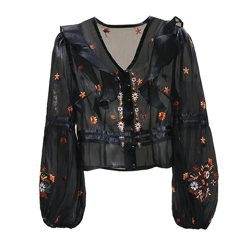 

V-neck Short Shirts for Women 2020 New Spring Summer Lantern Sleeve Chiffon Blouses Floral Embroidery Long-sleeved Tops