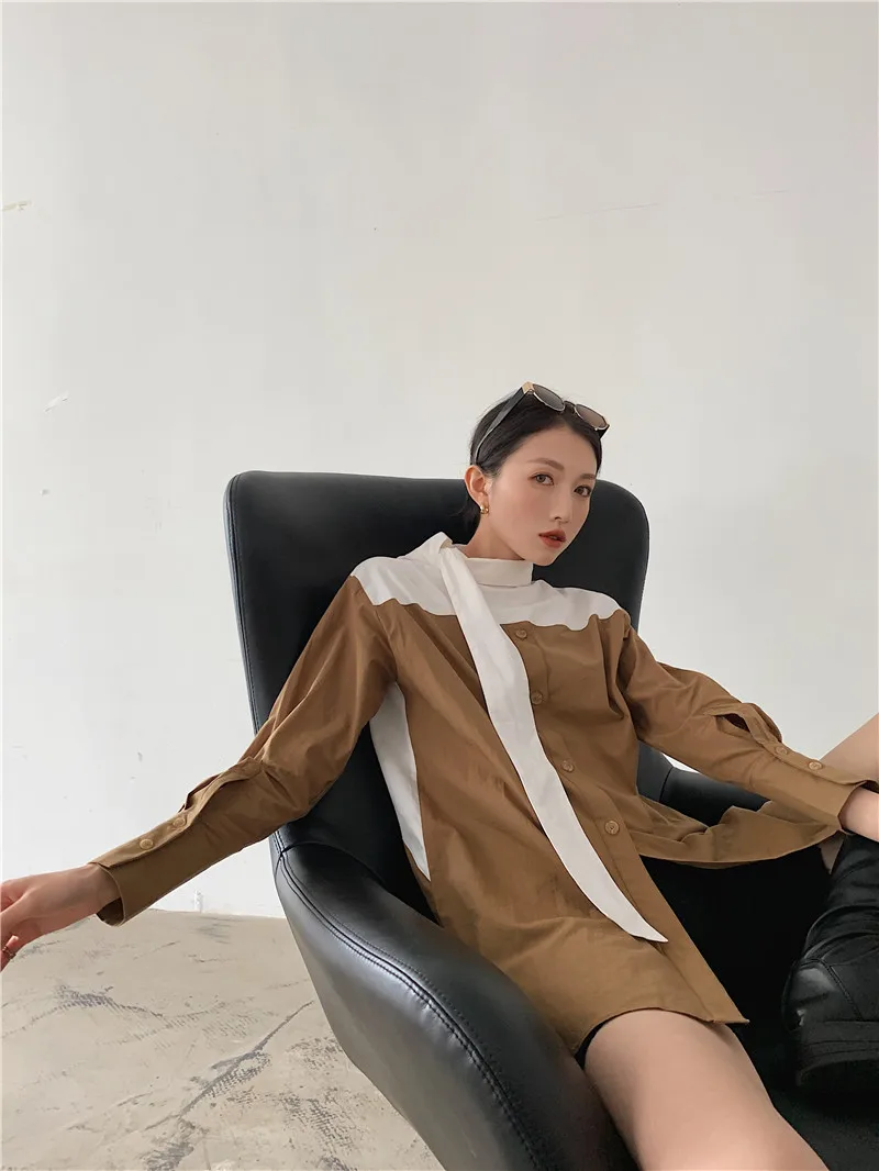 

ZCSMLL коричневая дизайнерская длинная рубашка в стиле пэчворк для женщин с длинным рукавом на пуговицах с высоким воротником Модный Топ с длинным рукавом Блузка