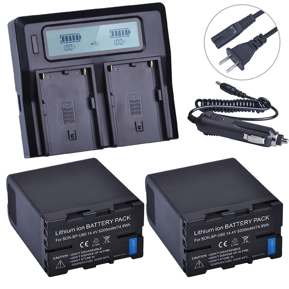 

2Pc BP-U60 BPU60 Rechargeable Li-ion 5200mAh Battery+LCD Fast Dual Charger Kits for Sony XDCAM EX PMW100 PMW150 PMW160 PMW200