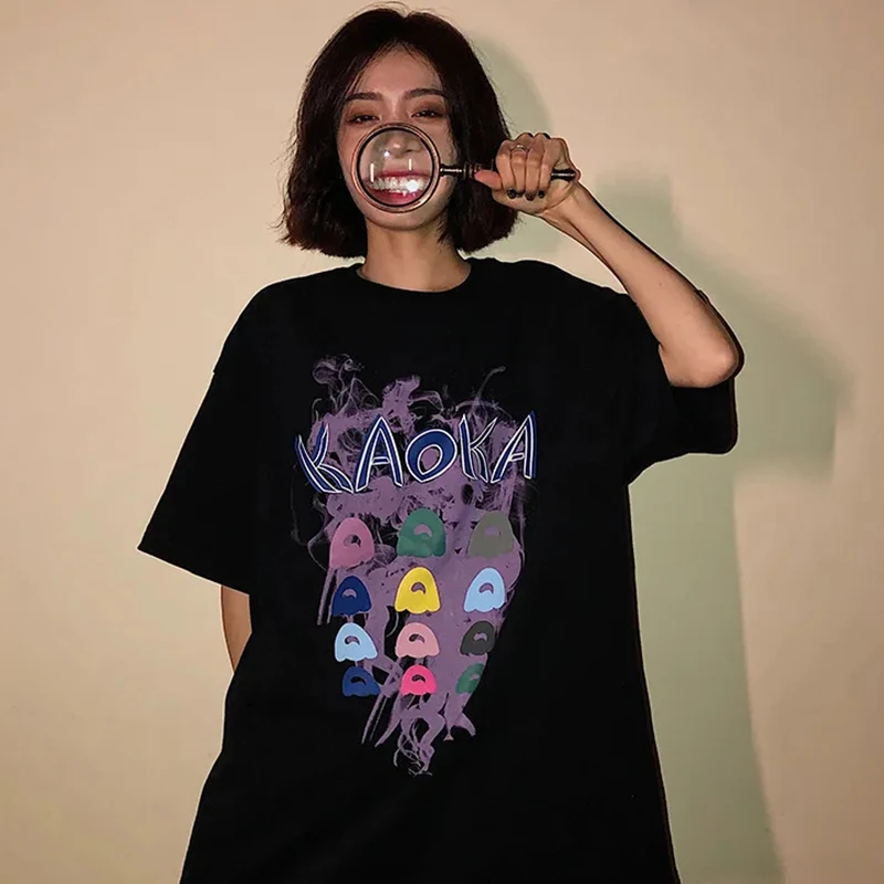 

Goth cotton Short Sleeve Top Tee Female Kawaii y2k mujer Grunge kpop футболка Harajuku Music girl Print Black Crop Women T-shirt