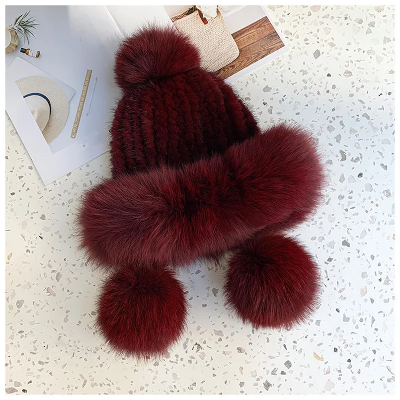 winter women's hat of Real mink fur and genuine fox new design hats red white color pompom for girl | Аксессуары для одежды