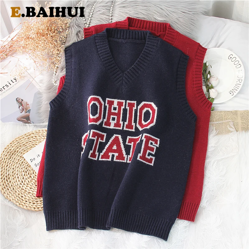 

EBAIHUI 2021 Fall/winter New Student Loose V-neck Letter Knitted Vest Women's Vest Thin Waistcoat Outer Wear Women Thickened