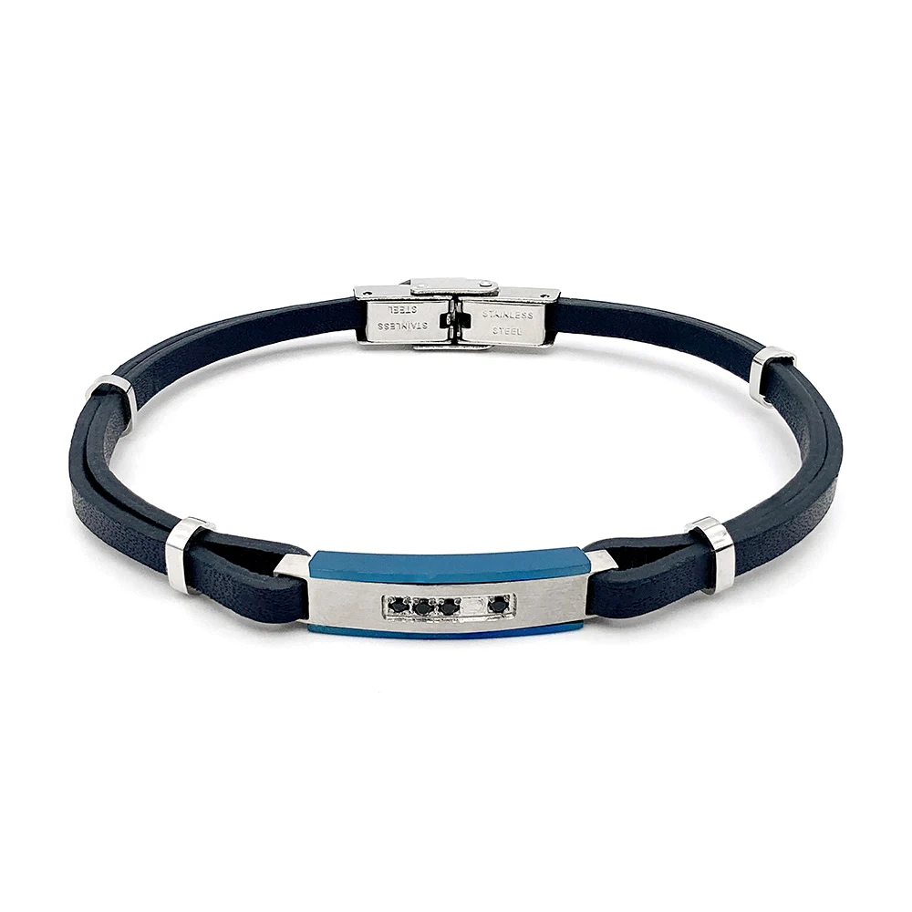 

Runda Leather Bracelet For Men Blue 21Cm Can Be Cut Stainless Steel Accessoriesinlaid Black Zircon Men'S Fashion Jewelry Gifts