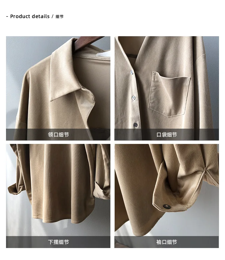 

Fashion Pocket Lapel Corduroy Womens Blouses And Tops Autumn Casual Long Sleeve Button Shirt Elegant Loose Lady Black Streetwear