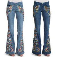 women embroidery flowers destoryed flare jeans button waist bell bottom denim pants autumn winter pants trousers