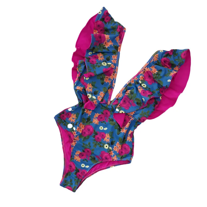 

European and American style ladies summer V-neck dew ruffled one-piece swimsuit double-sided lining printed women's clothes WL03