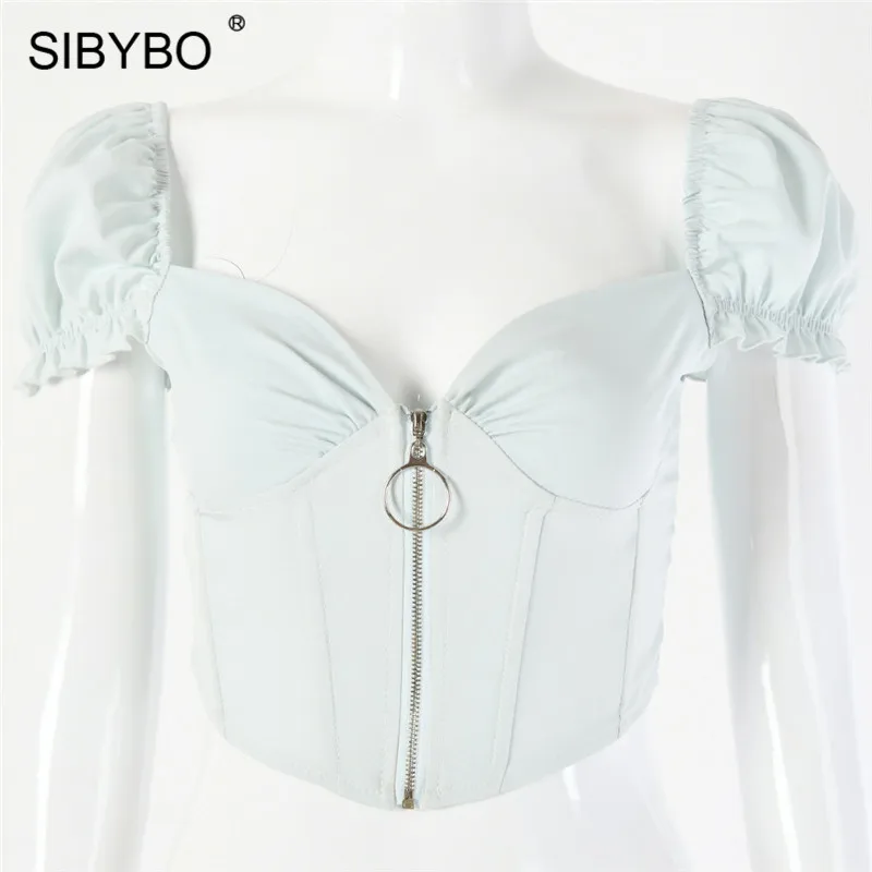 Light Blue Sibybo тонкий летний укороченный топ на молнии с оборками, женская мода, v-образный вырез, открытая спина, сексуальный топ, однотонная пляжная одежда, повседневные женские топы - Цвет: Light Blue