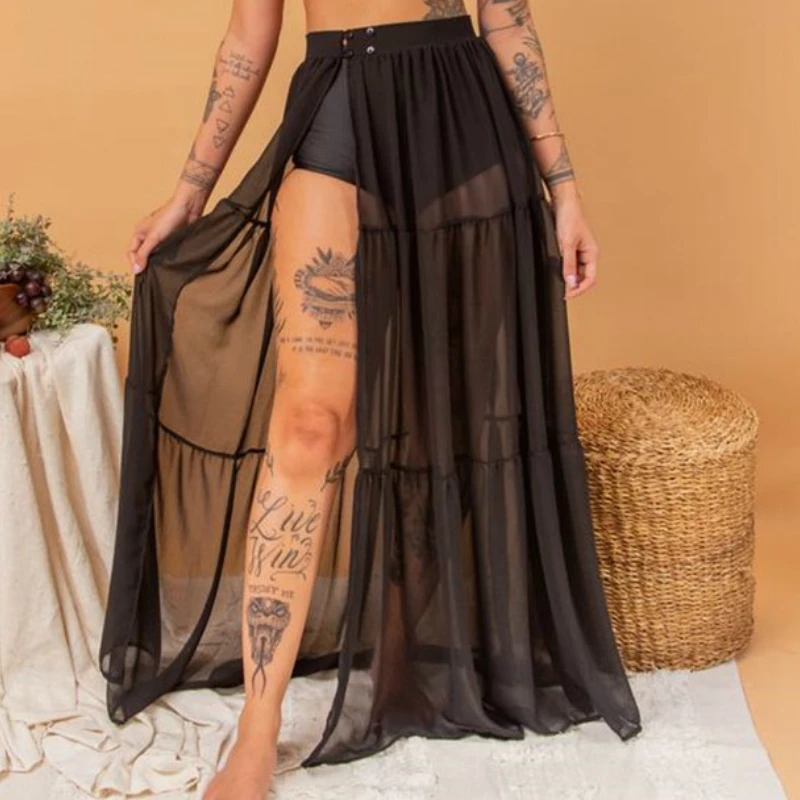 

Female Casual Beach Style Split Skirt Solid See-Through Mesh Sheer High Waist Buttoned Long Skirts for Summer Sexy Bottoms Women
