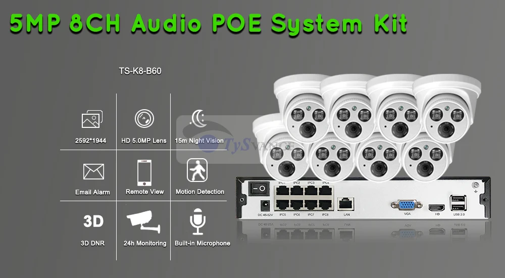 TySvance 8ch 5MP с аудиовходом PoE Комплект H.265 система CCTV безопасность NVR до 16ch 5MP Крытый ИК ip-камера наблюдения видео DIY