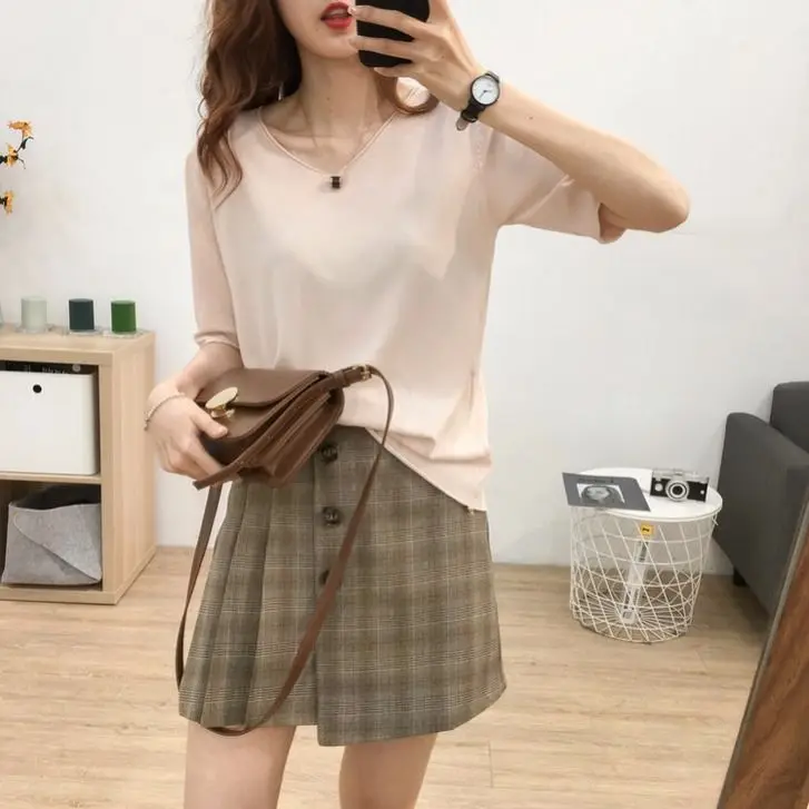 Женская свободная футболка с V-образным вырезом и коротким рукавом | одежда