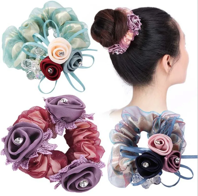 

New Lady Hair Accessories Rubber Bands Rope Elastic Girls Silk Flower Scrunchie Ponytail Holder Children Girls Elegant Hair Ties