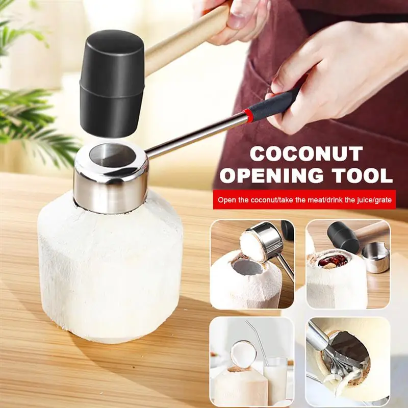 

Coconut Opener Tool Set Stainless Steel Shell Opener Puncher with Rubber Hammer Safe Easy Use Kitchen Opening Tool