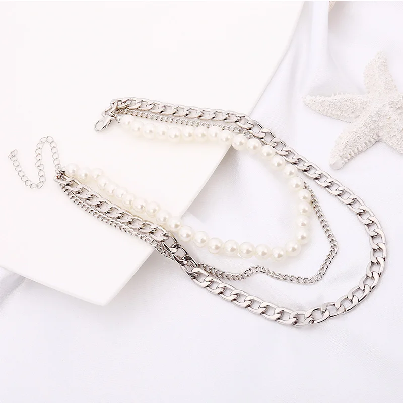 RE White Pearl Statement Handmade Short Necklace Punk Mix Multilayer Baroque Metal Fashion Choker Women Wedding Jewelry | Украшения и