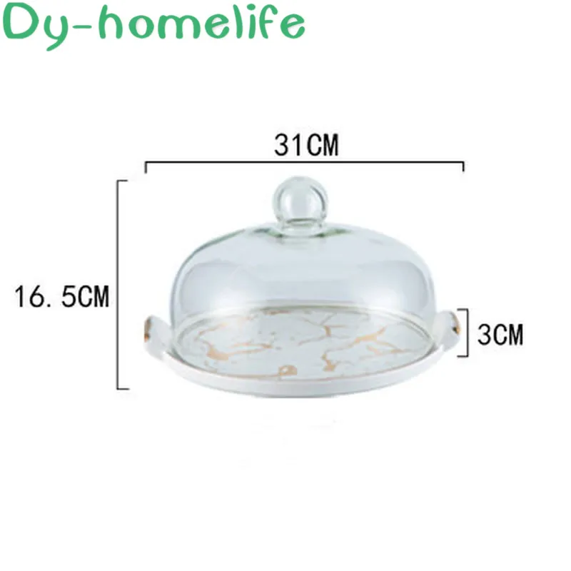 

Nordic Multicolor Marble Round Binaural Glass Cover Ceramic Tray Kitchen Storage Supplies Snack Pizza Dessert Table Display Dish