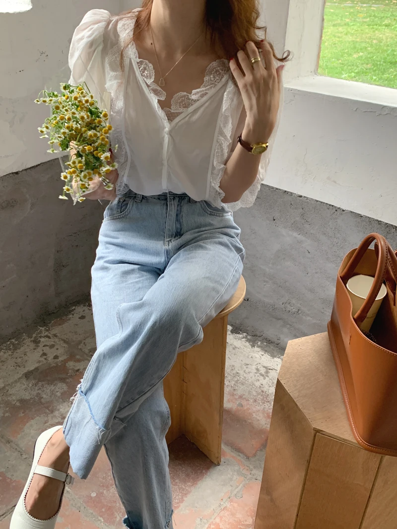 

Summer Women New Chic 2021 Hot Blouse Solid Femme Gentle Shirts Office Lady Lace Patchwork Streetwear Spring Tops