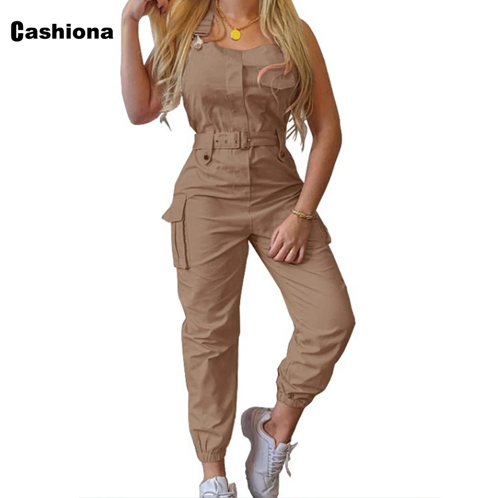 

2020 Fashion Overalls Women Loose Cargo Jumpsuit Loose Safari Style Pockets Rompers Jumpsuit Pants Ladies Sleeveless Playsuits