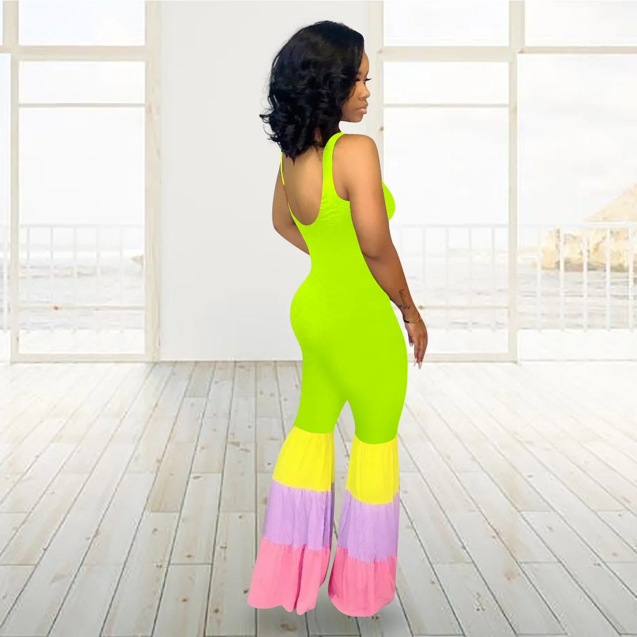 Летний женский цветной блок полосатый лоскутный сексуальный расклешенный