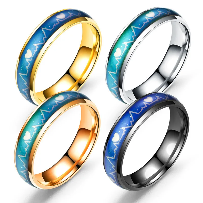 

Bxzyrt ECG Couple Rings Stainless Steel Ring Magic Titanium Steel Thermochromic Ring Temperature Finger Ring خواتم نسائية