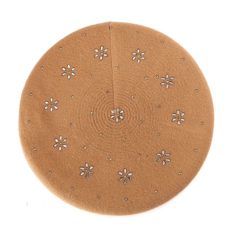 42902 Light Tan Ladybro, двухслойная, стразы, шерстяная шапка, женская, осень, зима, шапка, теплый берет, женская вязаная шапка, кепка boina, женский берет, шапка - Цвет: 42902 Light Tan