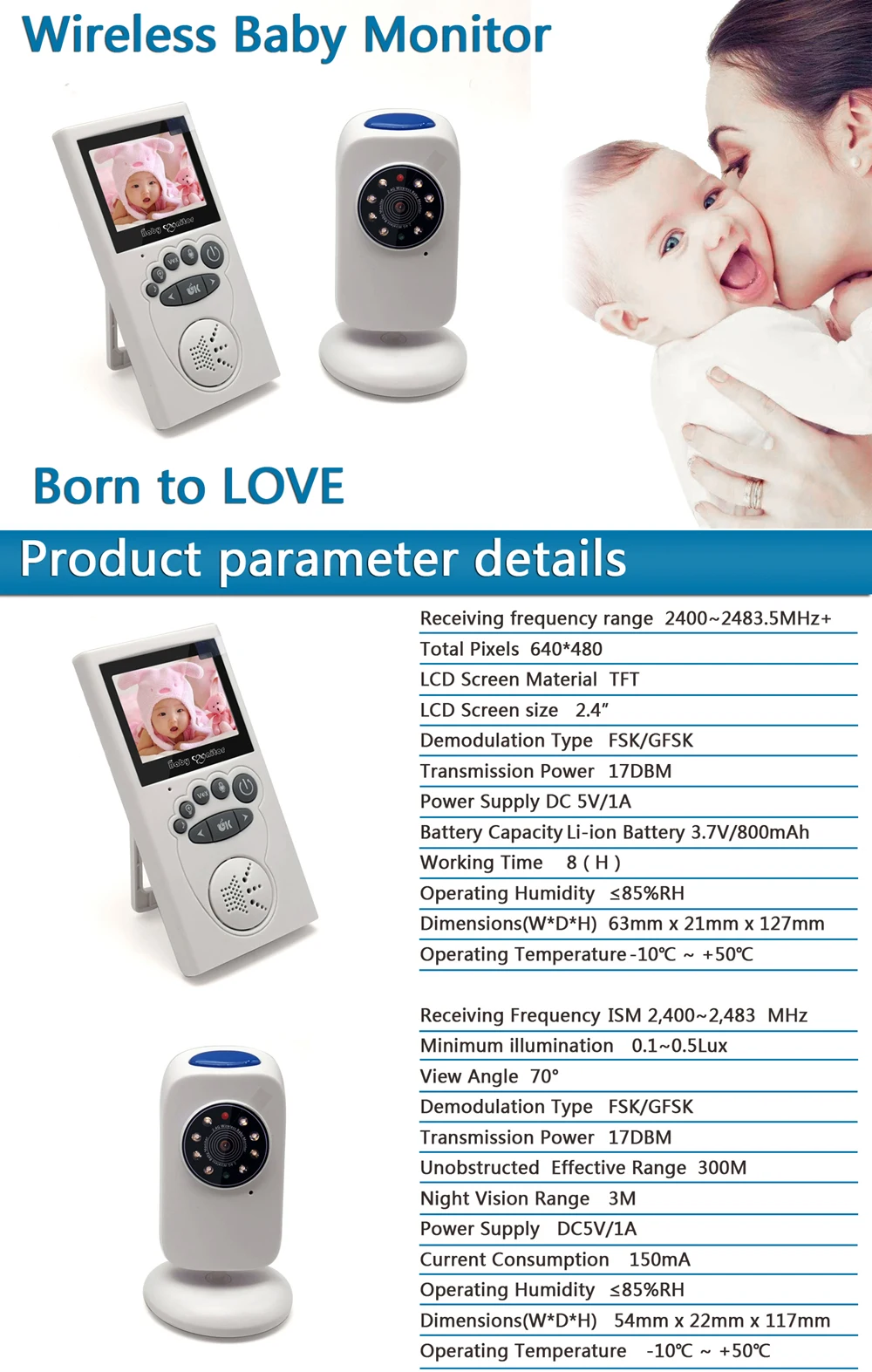 2 4 дюймов ЖК дисплей Видеоняни и радионяни няня Температура мониторинга