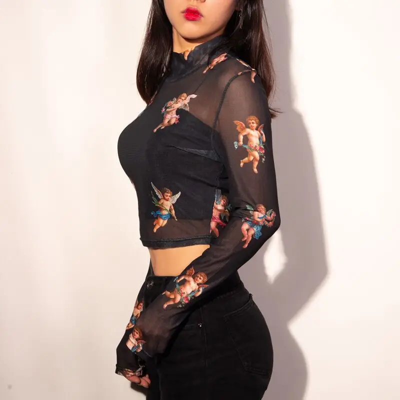 

Sexy Crop Top Little Angel Net Gauze Print Tops Cupid High Neck Long Sleeve Midriff Club Blouse Blue Black