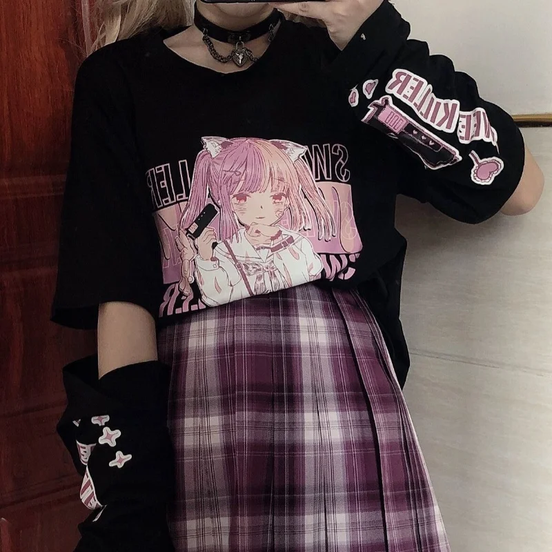 HOUZHOU Anime Print Graphic T-shirt Women Summer Goth Top Mujer Split Sleeves E Girl Y2k Clothes Aesthetic Harajuku Kawaii Tees